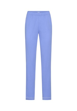 Light blue elastic waist lounge pants with slim straight legs and subtle white stitching near the cuffs, displayed on a white background.