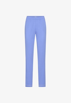 Šviesiai mėlynos spalvos laisvalaikio kelnės su elastine juosmens dalimi, siaurais tiesiais kojų siūlais ir subtiliomis baltomis siūlėmis prie apačios, pateiktos ant balto fono.