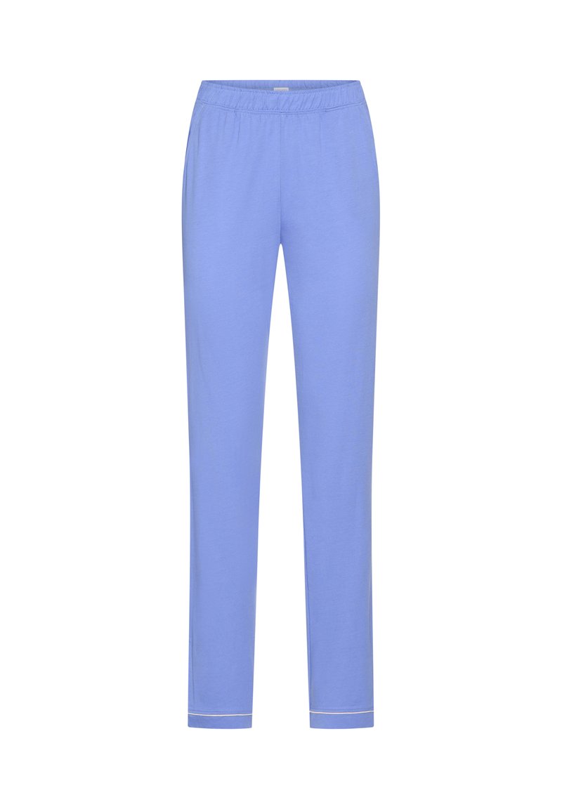 Pantalones de descanso de cintura elástica azul claro con piernas rectas y estrechas y costuras blancas sutiles cerca de los puños, mostrados sobre un fondo blanco.