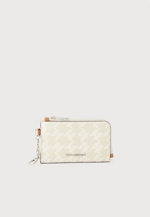 Beige rectangular zippered wallet with houndstooth pattern, silver chain keyring, and "Karl Lagerfeld" logo on front.