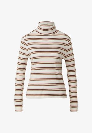 Długi rękaw z golfem w kolorze kremowym z naprzemiennymi poziomymi paskami w kolorze brązowym i jasnoróżowym. Miękka tkanina o dopasowanym kroju.