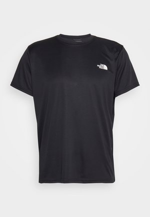 Sort T-shirt med korte ærmer og rund halsudskæring med lille hvid The North Face-logo på venstre bryst mod en ensfarvet baggrund.