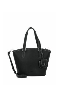 Schwarze, strukturierte Lederhandtasche mit doppelten Griffen, abnehmbarem Schultergurt und kleinem, befestigtem Beutel mit silberner Druckknopfverschluss.