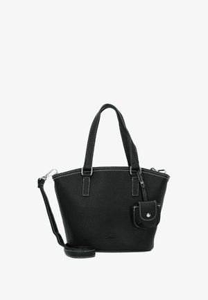 Sac à main en cuir noir texturé avec poignées doubles, bandoulière détachable et petite pochette attachée avec fermeture à bouton argenté.