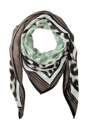 Neliönmuotoinen huivi, jossa on ruskeita, mustia ja valkoisia raitoja sekä vihreä-musta leopardi-kuosi, taitettuna löyhään lenkkiin.