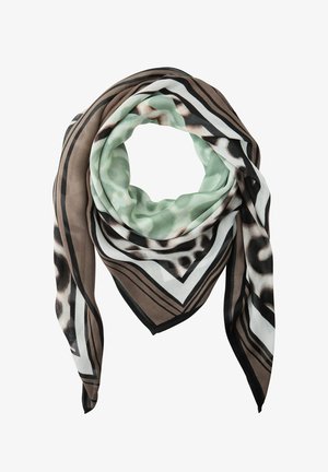 Vierkante sjaal met bruine, zwarte, witte strepen en een groene en zwarte luipaardprint, los gevouwen in een lus.