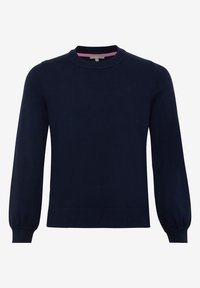 Mörkblå tröja i mjukt stickat tyg med rund halsringning och puffade långa ärmar. Har ribbad nederkant och ärmslut. Enkel och mångsidig design.