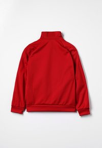 Rode pullover jack met een hoge kraag, gemaakt van een gladde stof. Beschikt over raglanmouwen en rib gebreide boorden en zoom voor een aansluitende look.