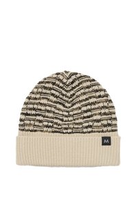 Bonnet tricoté en crème et noir avec un motif en zigzag. Présente un revers côtelé et un petit écusson logo sur le côté. Texture douce.