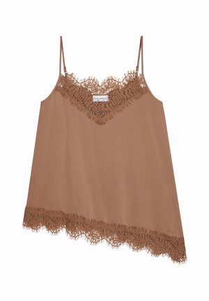 Bruine mouwloze camisol met kanten randje aan de V-hals en asymmetrische zoom, met dunne verstelbare bandjes.
