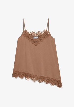 Camisole marrone senza maniche con rifinitura in pizzo sullo scollo a V e orlo asimmetrico, dotato di sottili spalline regolabili.