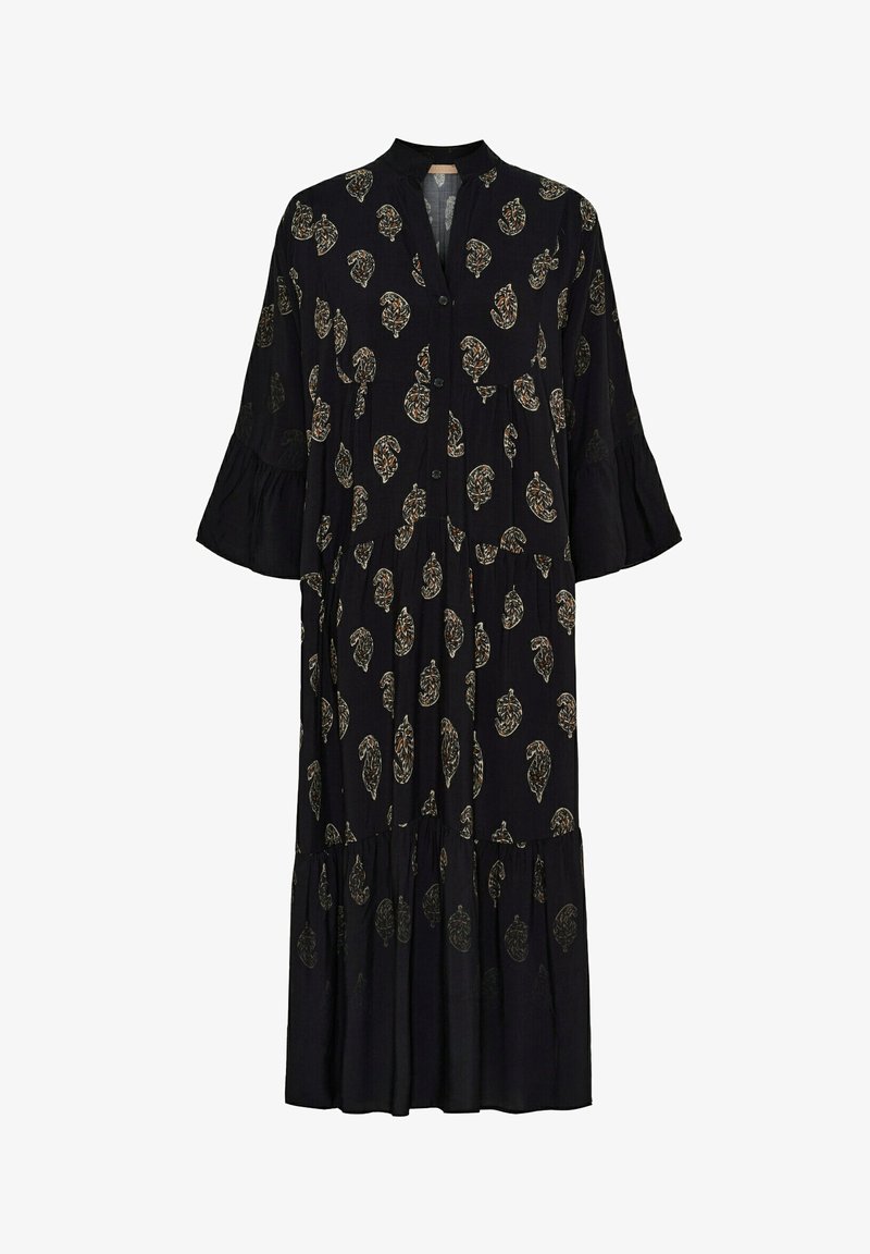 Lang sort kjole med knaplukning foran, flæseærmer og lagdelt kant. Har et blomstermønster i dæmpede farver. Letvægtsstof.