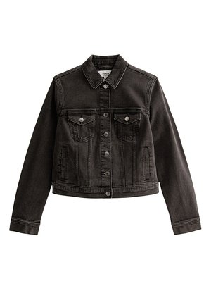 Veste en denim noire avec fermeture à boutons, deux poches à rabat sur la poitrine, poches latérales, manches longues et col classique.