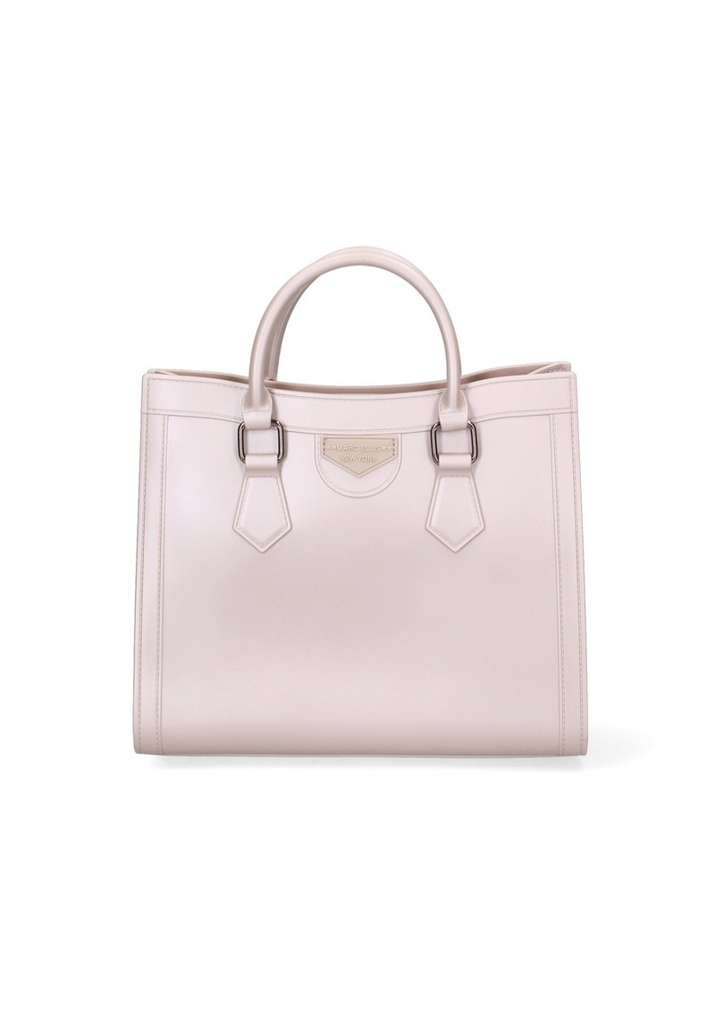 Sac fourre-tout rose clair avec double anses et un logo bien en vue à l'avant, sur fond blanc.