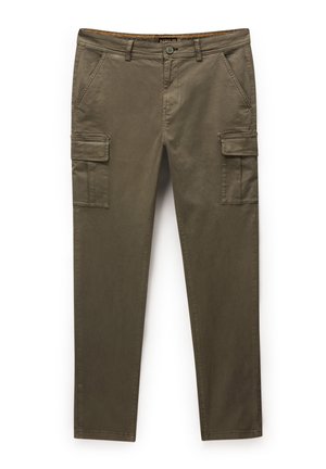 Olive green cargo pants made of cotton blend, featuring two side pockets and two thigh pockets, with a straight leg and waistband button closure.