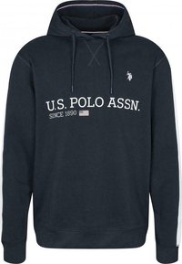 Marinblå huvtröja med texten "U.S. Polo Assn. Sedan 1890" fram, och liten amerikansk flagga, med dragsnören och en polo-spelare logotyp på bröstet.