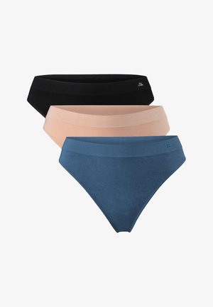 Tre par kvinnors bomullsunderkläder: svarta, nude och blå. Varje par har en sömlös midja och en mjuk textur.