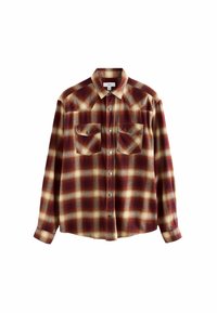 Long-sleeve button-up shirt with maroon, beige, and white plaid pattern, two chest pockets with button flaps, and a pointed collar.