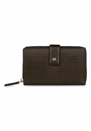 Dunkelbraune, strukturierte Leder-Geldbörse mit Reißverschluss, Druckknopfriemen und kleinem Metalllogo vorne in der Mitte.