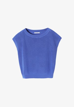 Maglietta lavorata a maglia a maniche corte di un blu vivace. Presenta un collo rotondo e una finitura texture. Taglio semplice e contemporaneo senza ulteriori dettagli.