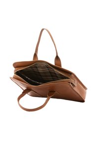 Bruine leren tote bag met twee handvatten, ritssluiting en een geruite binnenvoering. Kenmerken van een gestructureerd ontwerp en een soepele textuur.