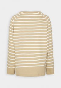 Hellbeige Langarmshirt mit weißen horizontalen Streifen, ausgestattet mit rundem Halsausschnitt und lockerer Passform. Aus weichem Baumwoll-Mix.