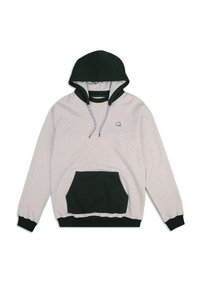 Sudadera gris con detalles verdes, cordones y un bolsillo frontal. Presenta un pequeño diseño bordado en el pecho y puños acanalados.
