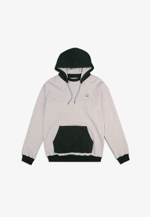 Šedá mikina s kapucí a zelenými akcenty, s tkaničkami a přední kapsou. Obsahuje malé vyšívané logo na hrudi a žebrované manžety.