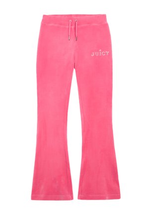 Pink flared sweatpants made of soft material with a drawstring waistband and rhinestone "JUICY" logo on the left hip.