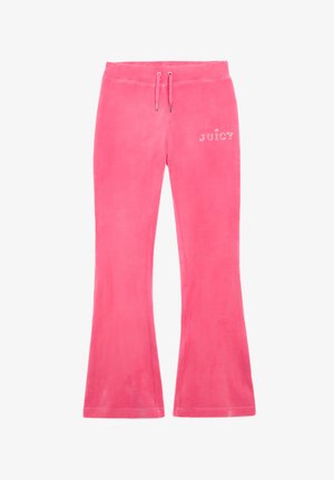 Rózsaszín, bővülő szabású melegítőnadrág puha anyagból, húzózsinórral ellátott derékkal és strasszkövekből készült "JUICY" logóval a bal csípőn.