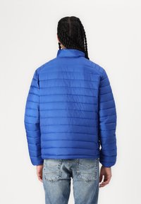 Blauer Pufferjacke mit horizontaler Steppstruktur, Stehkragen und langen Ärmeln. Getragen mit hellblauen Jeans, die die Rückansicht zeigen.
