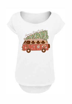 White t-shirt with a red decorated van carrying a decorated Christmas tree and the text "Groovy Christmas" above.