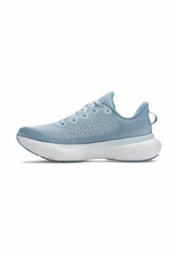 Light blue athletic shoe featuring a knitted upper, textured finish, round toe, lace-up design, and a white cushioned sole with logo detail.