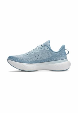 Light blue athletic shoe featuring a knitted upper, textured finish, round toe, lace-up design, and a white cushioned sole with logo detail.