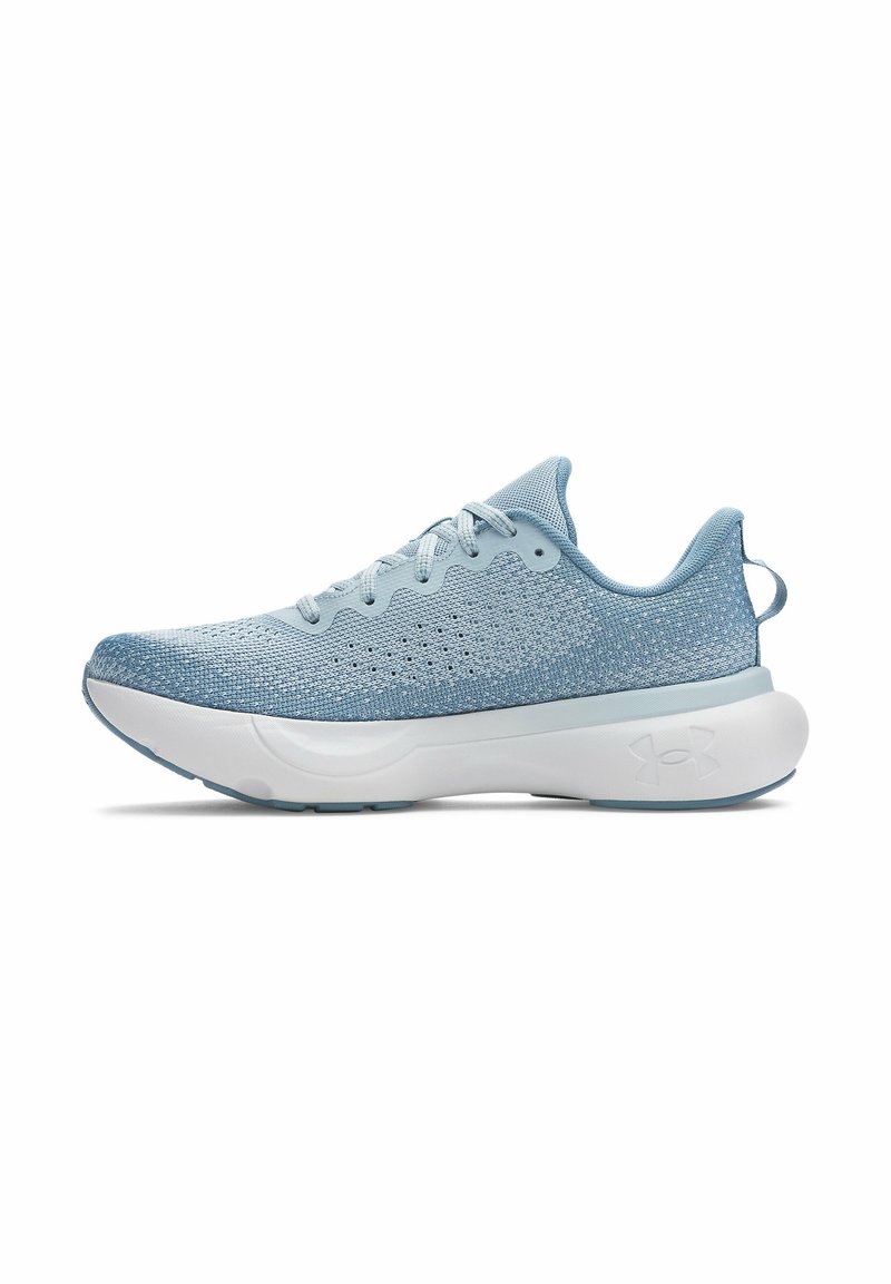 Light blue athletic shoe featuring a knitted upper, textured finish, round toe, lace-up design, and a white cushioned sole with logo detail.