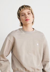 Beige džemper, mis on valmistatud pehmest kangast, omab ümarat kaelust, pikki varrukaid ja väikest valget logo rinnal. Sile tekstuur.