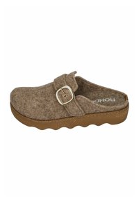 Zoccolo in feltro marrone con design curvato, dotato di una fibbia decorativa e di una suola testurizzata per una migliore presa.