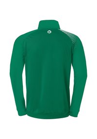 Green athletic jacket with a high collar, long sleeves, and a textured pattern along the shoulder. Made from smooth, lightweight fabric.