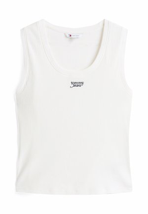 Witte geribde tanktop met een ronde halslijn en smalle bandjes. Bevat een klein zwart "tommy jeans" logo in het midden van de borst.