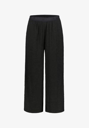 Pantaloni neri a gamba larga con un tessuto testurizzato, una vita elastica e una leggera lucentezza. Design funzionale con una silhouette dritta e fluida.