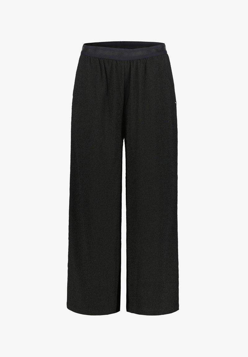 Schwarze weit geschnittene Hosen aus strukturiertem Stoff, mit einem elastischen Bund und einem subtilen Glanz. Funktionales Design mit gerader, fließender Silhouette.