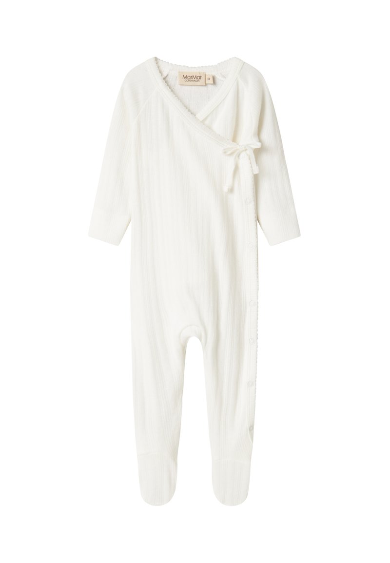 Vit ribbad bodysuit med långärm, omslagdesign, sidoknyt och tryckknappar längs ett ben. Mjukt tyg som passar spädbarn.