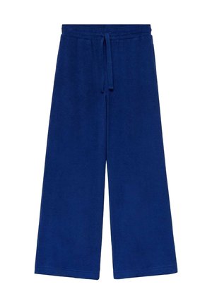 Wide-leg pants in a solid deep blue color, made of soft fabric with an elastic waistband and drawstring for adjustment.