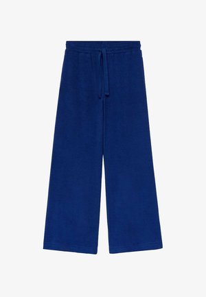 Kalhoty s širokými nohavicemi v jednobarevné tmavě modré barvě, vyrobené z měkké tkaniny s elastickým pasem a šňůrkou na utažení.
