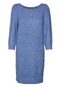 Robe en tricot bleu avec des manches longues, un décolleté arrondi et une coupe décontractée. La texture est douce avec un subtil motif chiné.