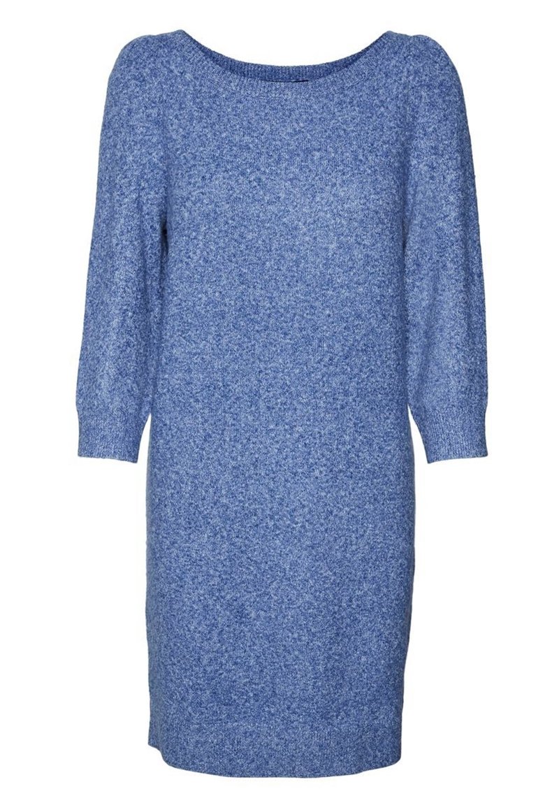 Robe en tricot bleu avec des manches longues, un décolleté arrondi et une coupe décontractée. La texture est douce avec un subtil motif chiné.