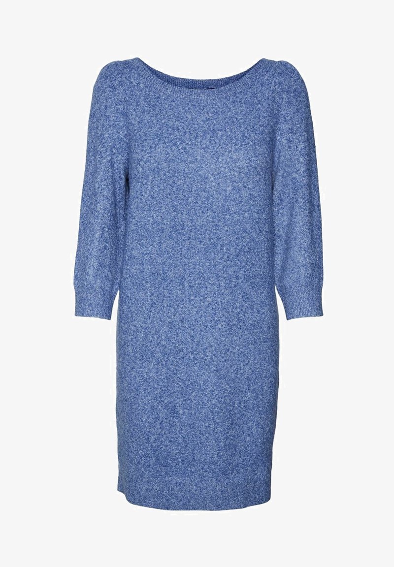 Robe en tricot bleu avec des manches longues, un décolleté arrondi et une coupe décontractée. La texture est douce avec un subtil motif chiné.