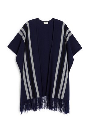Marineblauer Poncho mit grauen und schwarzen Streifen, offener Front und Fransen am Saum. Hergestellt aus weichem Stoff, zeichnet er sich durch eine lässige, drapierte Silhouette aus.