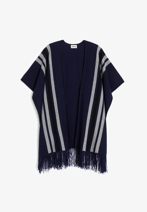 Marineblauer Poncho mit grauen und schwarzen Streifen, offener Front und Fransen am Saum. Hergestellt aus weichem Stoff, zeichnet er sich durch eine lässige, drapierte Silhouette aus.