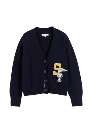 Navy sweater cardigan made of knit fabric, featuring a V-neck, six buttons, ribbed cuffs, and an embroidered Snoopy design with a flag.